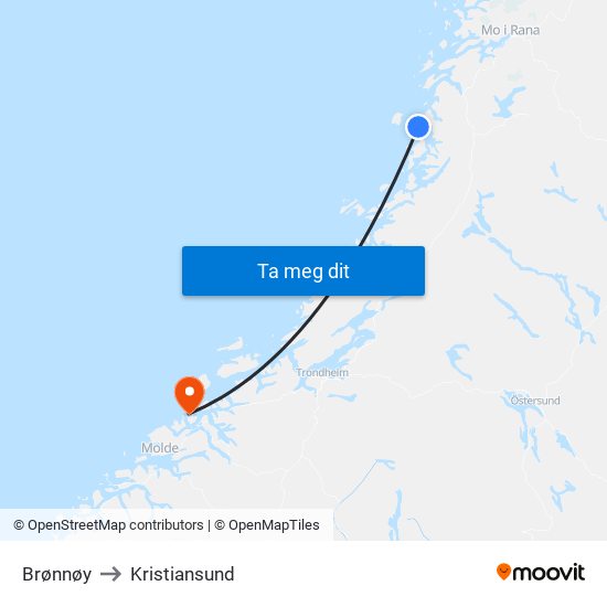 Brønnøy to Kristiansund map
