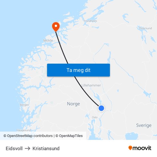 Eidsvoll to Kristiansund map