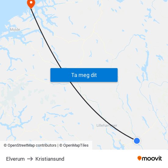 Elverum to Kristiansund map