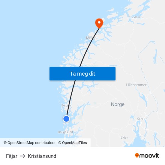 Fitjar to Kristiansund map