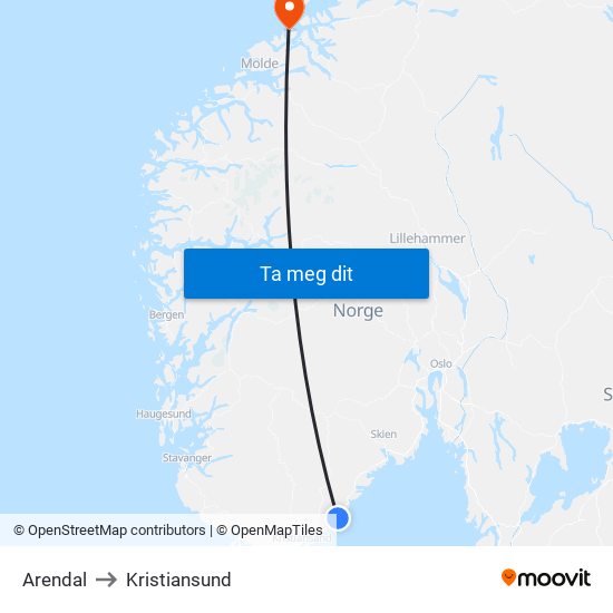 Arendal to Kristiansund map