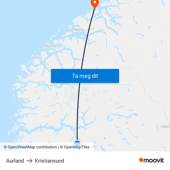 Aurland to Kristiansund map