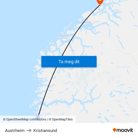 Austrheim to Kristiansund map