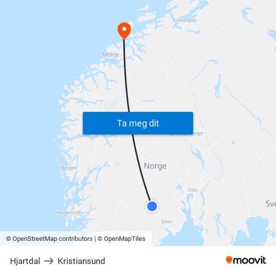 Hjartdal to Kristiansund map