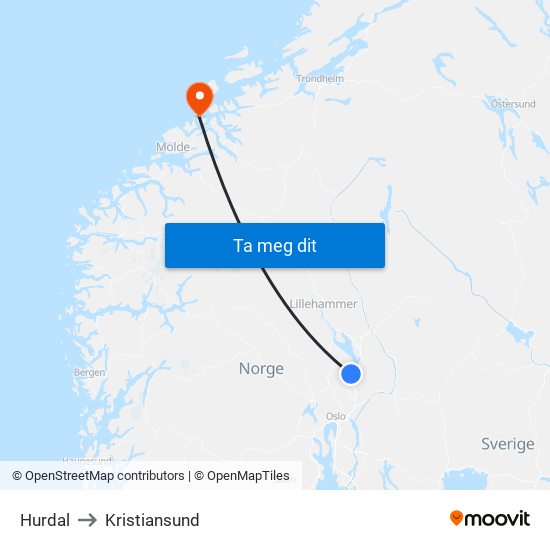 Hurdal to Kristiansund map