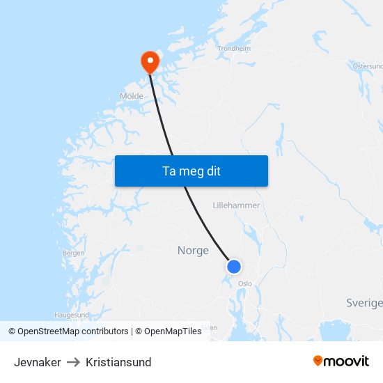 Jevnaker to Kristiansund map