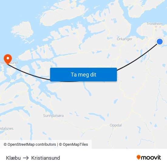 Klæbu to Kristiansund map