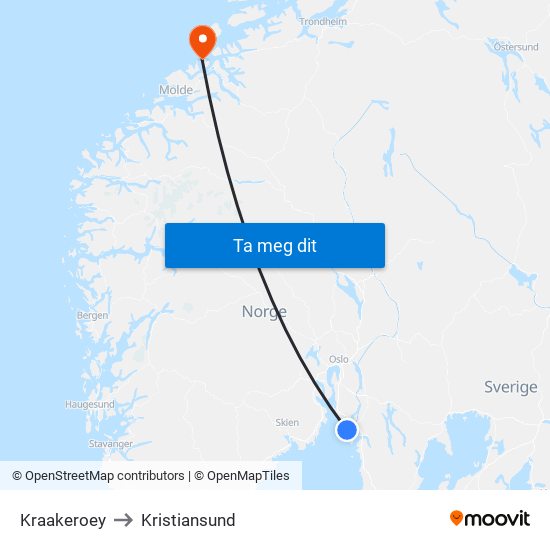 Kraakeroey to Kristiansund map