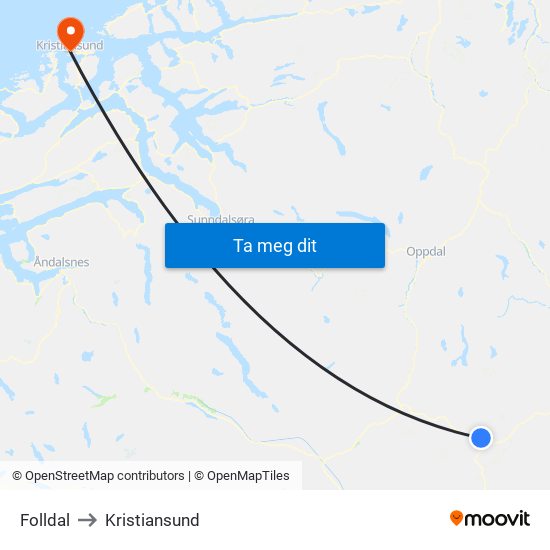 Folldal to Kristiansund map