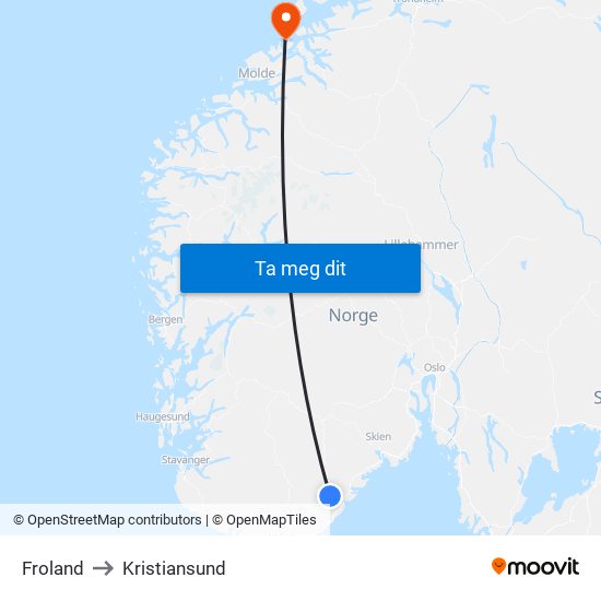 Froland to Kristiansund map