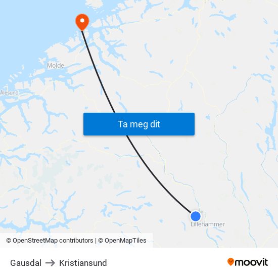 Gausdal to Kristiansund map