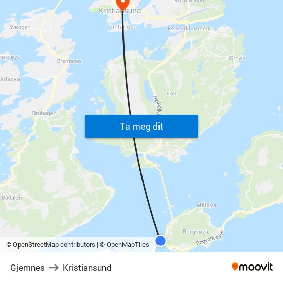 Gjemnes to Kristiansund map