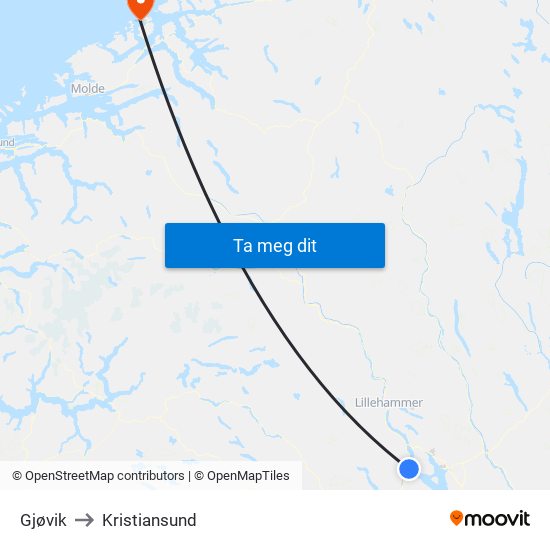 Gjøvik to Kristiansund map