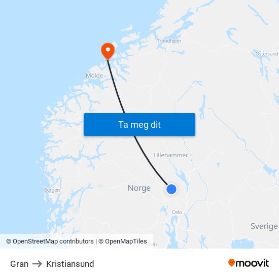 Gran to Kristiansund map