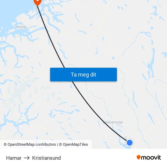Hamar to Kristiansund map