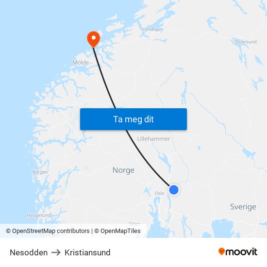 Nesodden to Kristiansund map