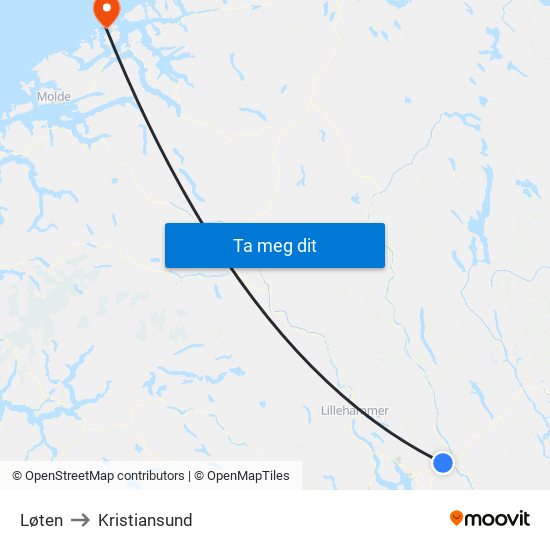 Løten to Kristiansund map