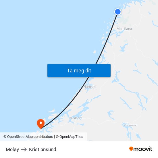 Meløy to Kristiansund map