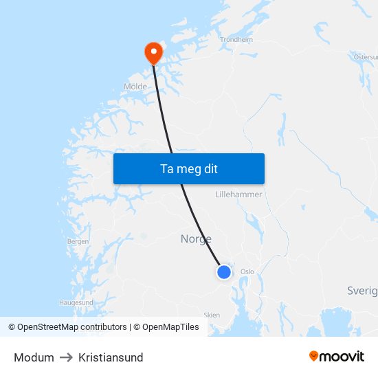 Modum to Kristiansund map