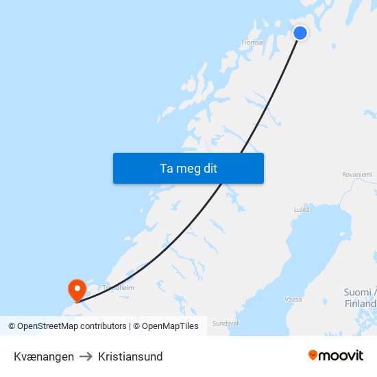 Kvænangen to Kristiansund map