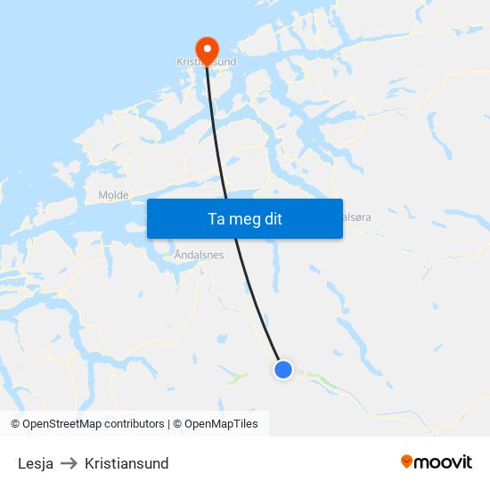 Lesja to Kristiansund map