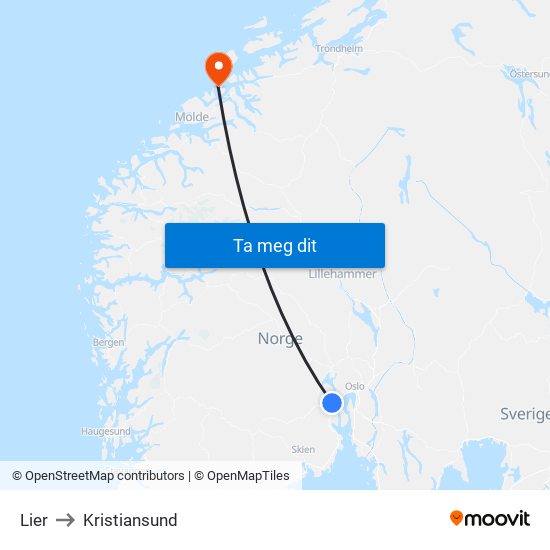 Lier to Kristiansund map