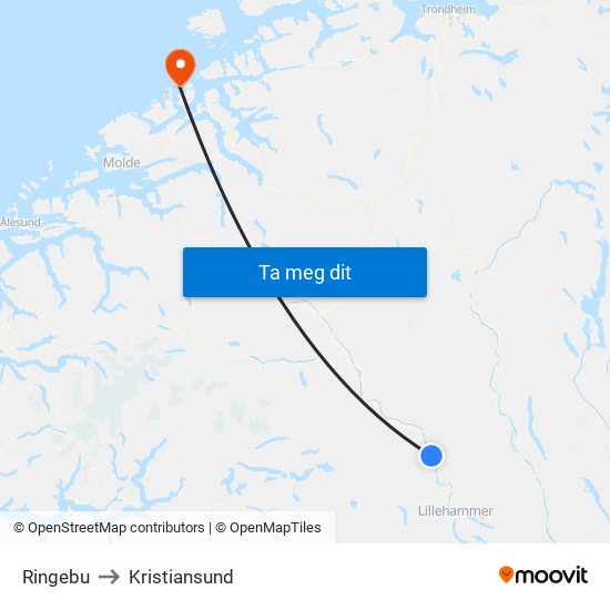 Ringebu to Kristiansund map