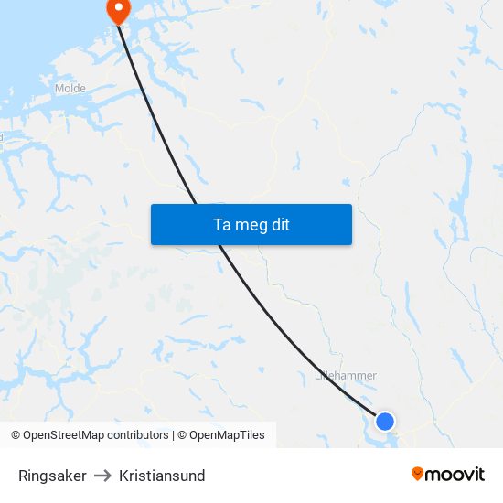 Ringsaker to Kristiansund map