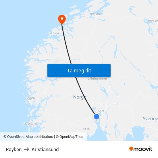 Røyken to Kristiansund map