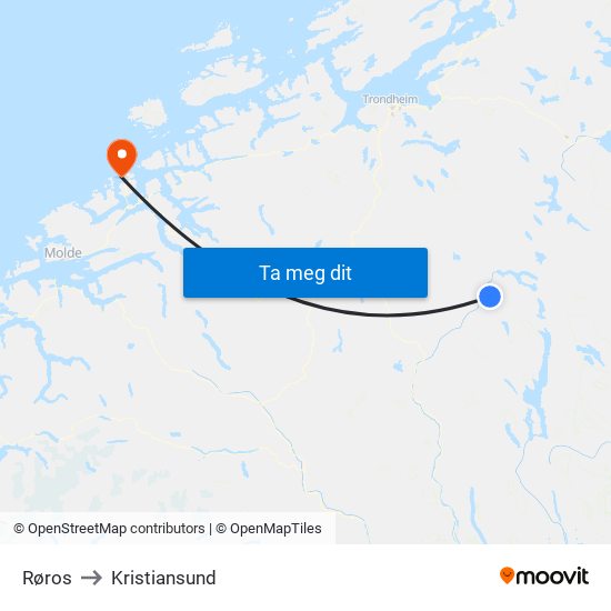 Røros to Kristiansund map