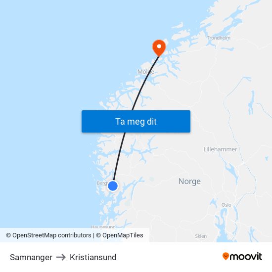 Samnanger to Kristiansund map