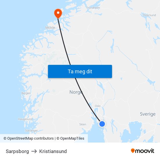 Sarpsborg to Kristiansund map
