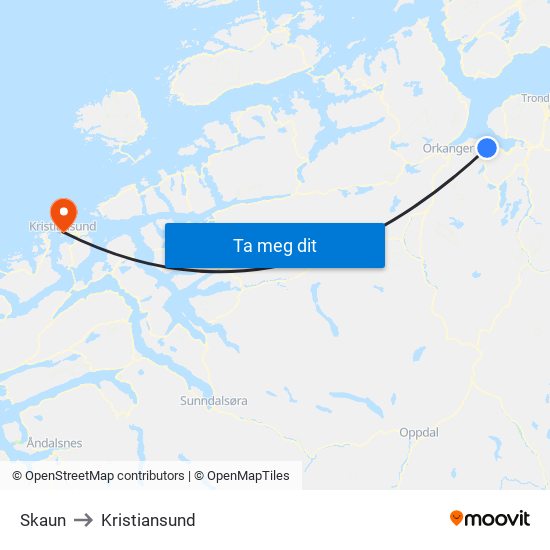 Skaun to Kristiansund map