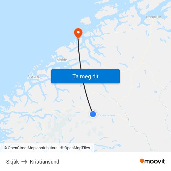 Skjåk to Kristiansund map