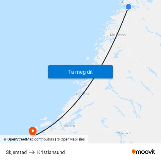 Skjerstad to Kristiansund map