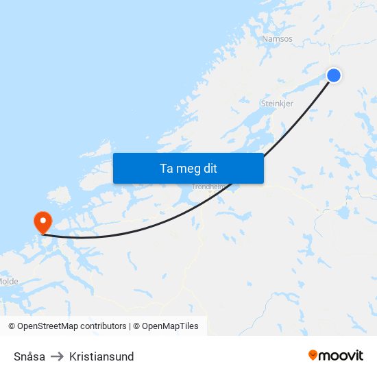 Snåsa to Kristiansund map