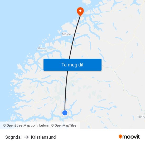 Sogndal to Kristiansund map