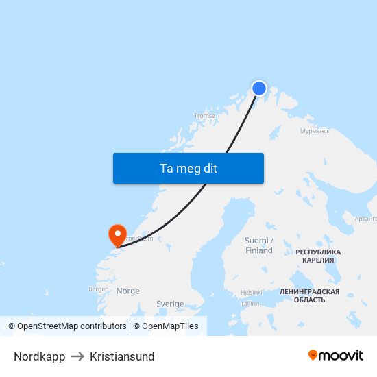 Nordkapp to Kristiansund map