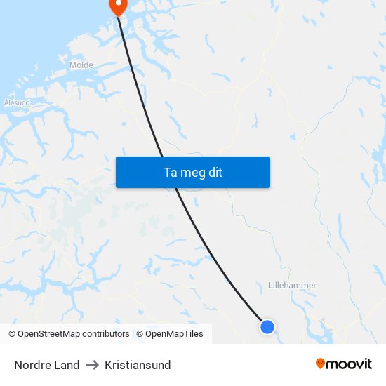Nordre Land to Kristiansund map