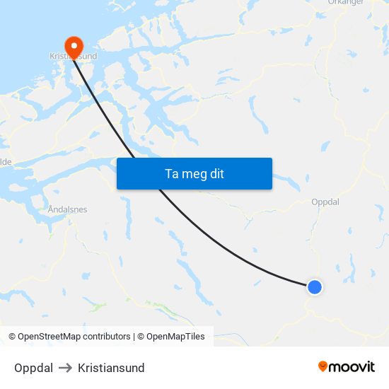Oppdal to Kristiansund map