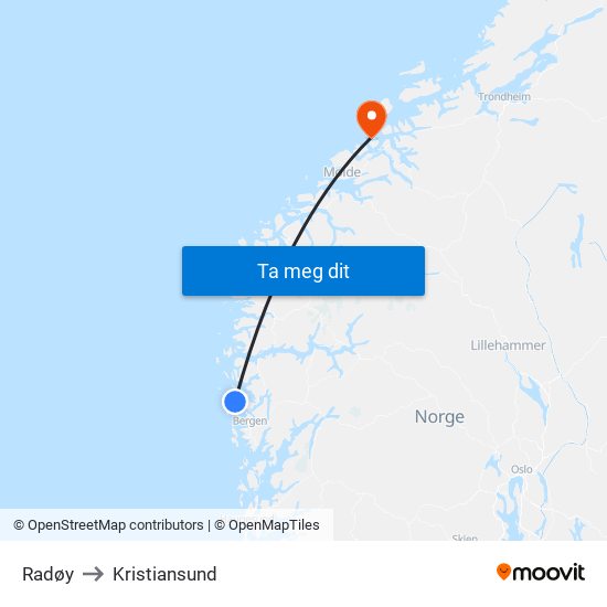 Radøy to Kristiansund map