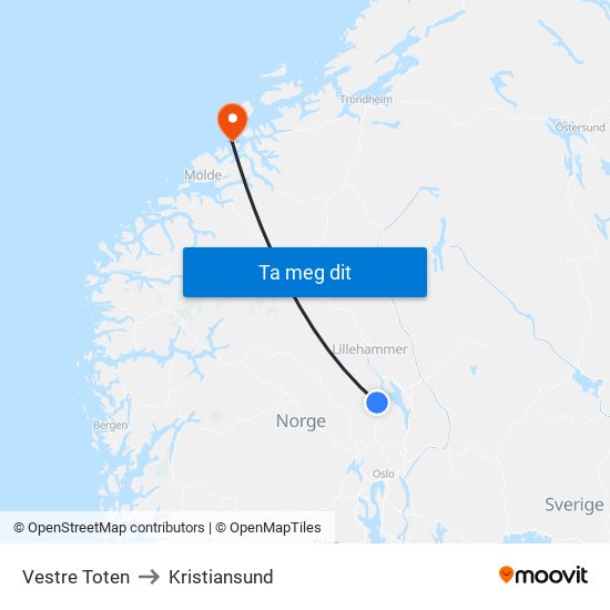 Vestre Toten to Kristiansund map