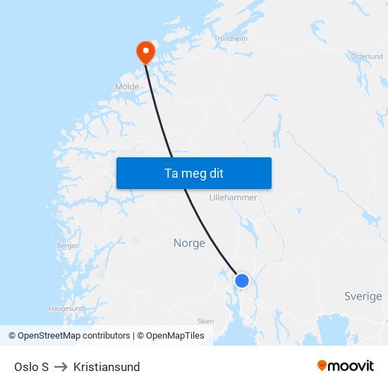 Oslo S to Kristiansund map