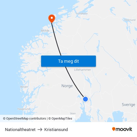 Nationaltheatret to Kristiansund map