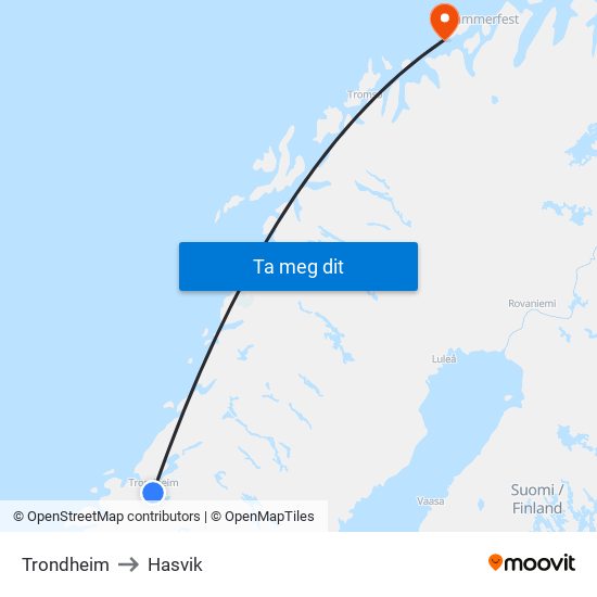 Trondheim to Hasvik map