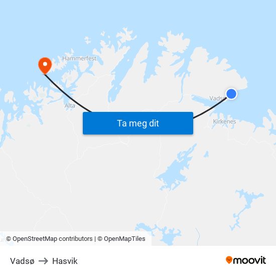 Vadsø to Hasvik map