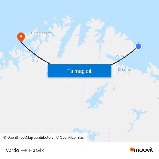 Vardø to Hasvik map
