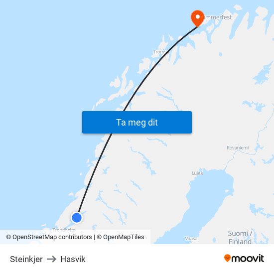 Steinkjer to Hasvik map