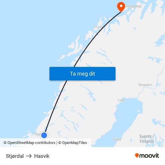 Stjørdal to Hasvik map