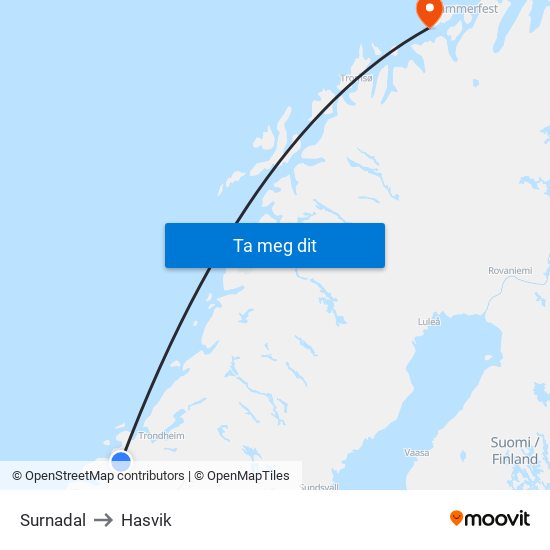 Surnadal to Hasvik map